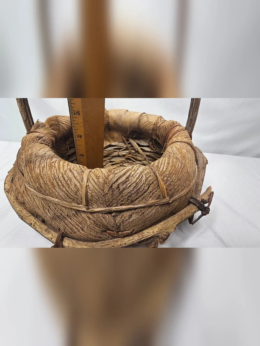Vintage Rustic Folk Art Basket Natural Coconut Palm Spathe Fiber Grapevine Vine